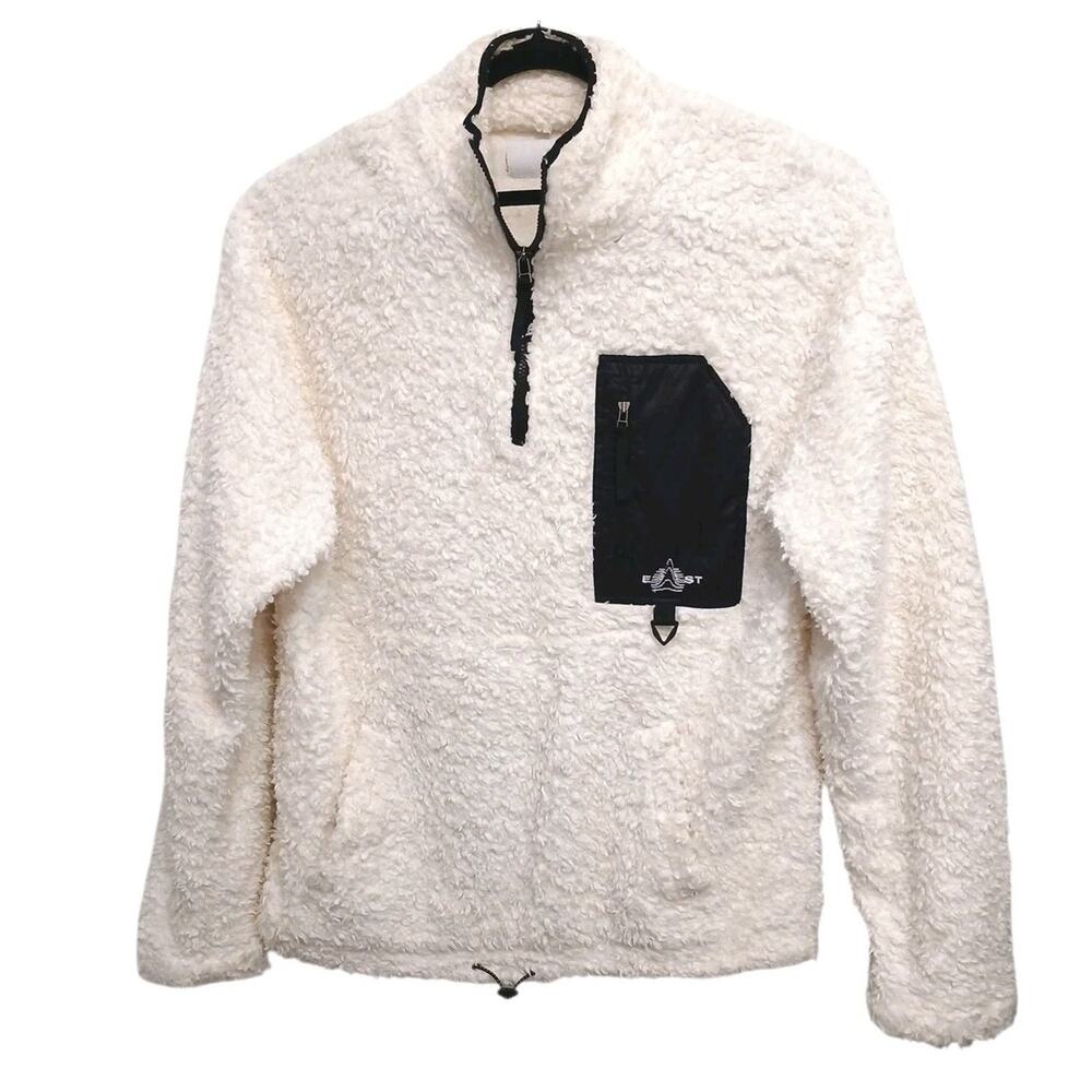 18 East White Fleece‎ 1/4 Quarter Zip Pullover Mens Sz M Ivory Block-Print Inset